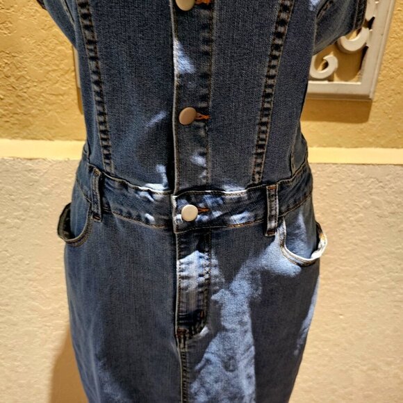 1990's Vintage Vibe Denim Button Down Double Pocket Trucker Blue Dress Size 14 - Picture 4 of 15